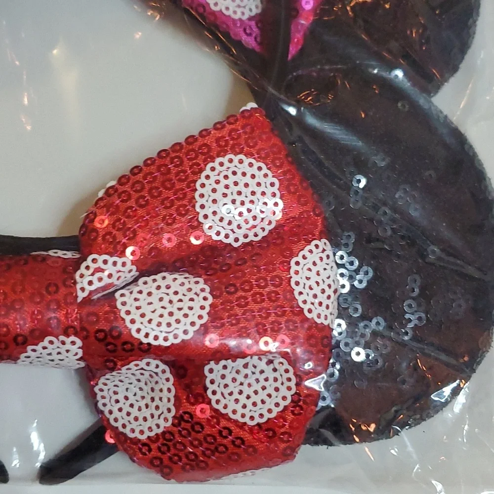 Brand New 2 Mouse Ears Headbands Shiny Sequins Party.